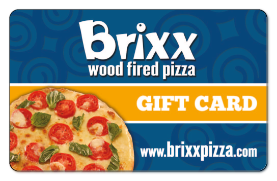 Brixx Pizza logo on a blue background with a pepperoni and sausage pizza image in the bottom left corener.